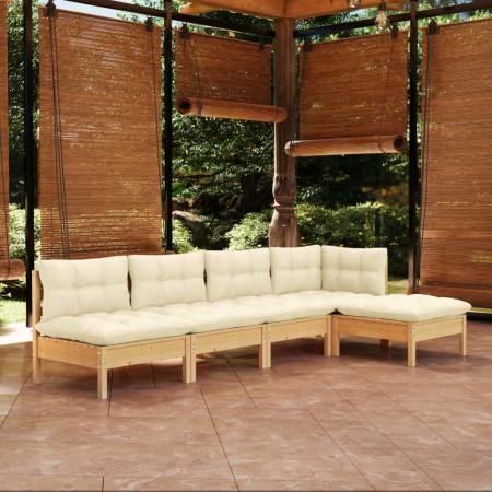 Muebles de jardín 5 piezas cojines madera de pino crema