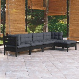 Muebles de jardín 5 pzas con cojines negro madera de pino