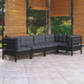 Muebles de jardín 5 pzas con cojines negro madera de pino Muebles de jardín 5 pzas con cojines negro madera de pino