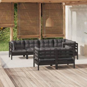 Muebles de jardín 7 pzas y cojines negro madera maciza de pino