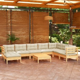 Muebles de jardín 9 pzas y cojines madera maciza de pino crema Muebles de jardín 9 pzas y cojines madera maciza de pino crema