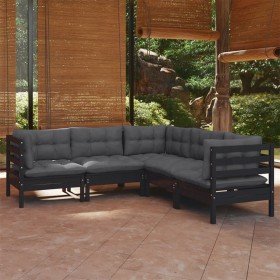 Muebles de jardín 5 pzas con cojines negro madera maciza pino