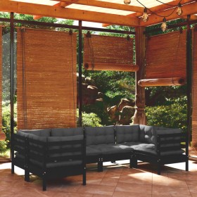 Muebles de jardín 6 pzas con cojines negro madera de pino Muebles de jardín 6 pzas con cojines negro madera de pino