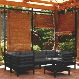 Muebles de jardín 7 pzas con cojines negro madera de pino
