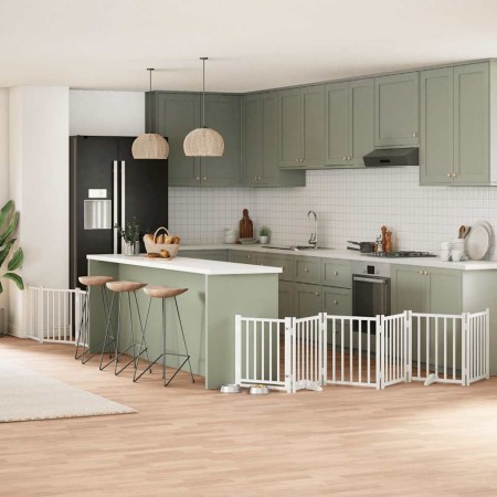 Puerta para perros plegable 9 paneles madera álamo blanca 450cm