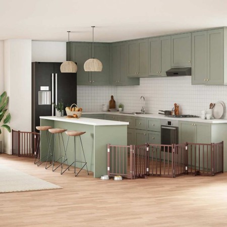 Puerta de perros plegable 9 paneles madera álamo marrón 450 cm