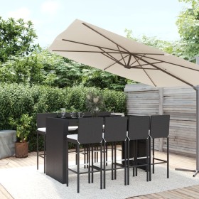 Mesa y taburetes altos jardín 9 piezas y cojines ratán PE negro