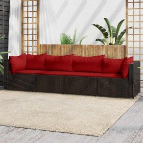 Set muebles de jardín 4 piezas y cojines ratán sintético marrón Set muebles de jardín 4 piezas y cojines ratán sintético marrón