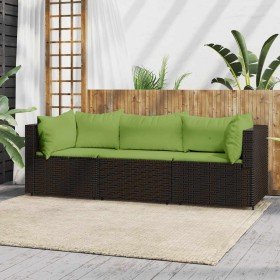 Set muebles de jardín 3 piezas y cojines ratán sintético marrón Set muebles de jardín 3 piezas y cojines ratán sintético marrón