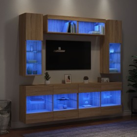 Muebles de TV de pared con luces LED 6 piezas roble sonoma