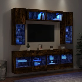 Muebles de TV de pared con luces LED 6 piezas roble ahumado