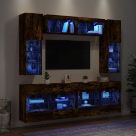 Muebles de TV de pared con luces LED 6 piezas roble ahumado Muebles de TV de pared con luces LED 6 piezas roble ahumado
