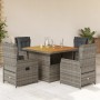Set comedor de jardín 5 piezas con cojines ratán sintético gris