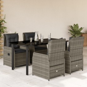 Set comedor de jardín 5 piezas con cojines ratán sintético gris
