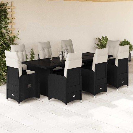 Set de mesa y sillas de jardín 9 pzas y cojines ratán PE negro