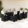 Set de mesa y sillas de jardín 9 pzas y cojines ratán PE negro