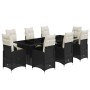 Set de mesa y sillas de jardín 9 pzas y cojines ratán PE negro