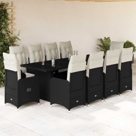Set de mesa y sillas de jardín y cojines 11 pzas ratán PE negro