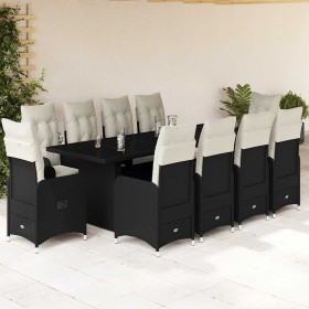 Set de mesa y sillas de jardín y cojines 11 pzas ratán PE negro