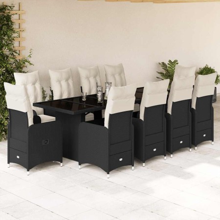 Set de mesa y sillas de jardín y cojines 11 pzas ratán PE negro