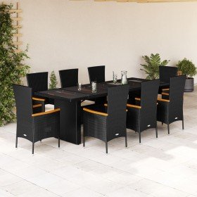 Set de comedor de jardín 9 pzas y cojines ratán sintético negro
