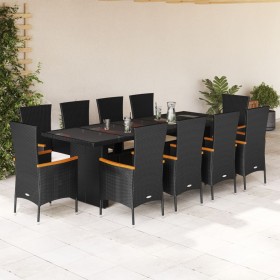 Set de comedor jardín 11 pzas con cojines ratán sintético negro
