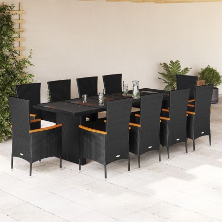Set de comedor jardín 11 pzas con cojines ratán sintético negro