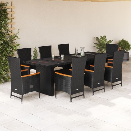 Set de comedor de jardín 9 pzas y cojines ratán sintético negro