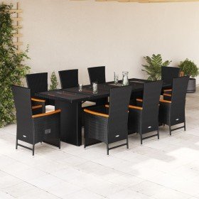 Set de comedor de jardín 9 pzas y cojines ratán sintético negro