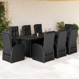 Set de comedor de jardín 9 pzas y cojines ratán sintético negro Set de comedor de jardín 9 pzas y cojines ratán sintético negro
