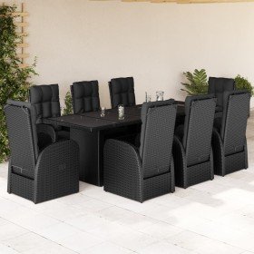 Set de comedor de jardín 9 pzas y cojines ratán sintético negro