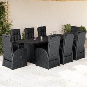 Set de comedor de jardín 9 pzas y cojines ratán sintético negro