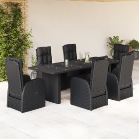 Set de comedor de jardín 7 pzas y cojines ratán sintético negro Set de comedor de jardín 7 pzas y cojines ratán sintético negro