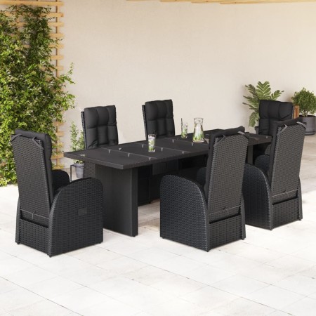 Set de comedor de jardín 7 pzas y cojines ratán sintético negro