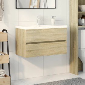 Set de mueble de baño 2 piezas cerámica y madera de ingeniería Set de mueble de baño 2 piezas cerámica y madera de ingeniería