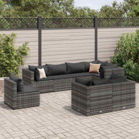 Set de muebles de jardín 8 pzas y cojines ratán sintético gris