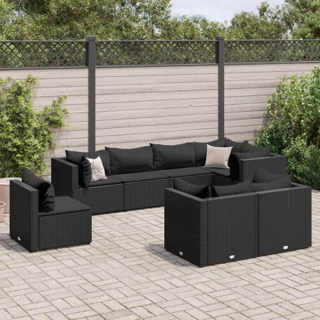 Set de muebles de jardín 8 pzas y cojines ratán sintético negro
