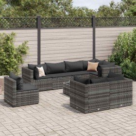 Set de muebles de jardín 9 pzas y cojines ratán sintético gris