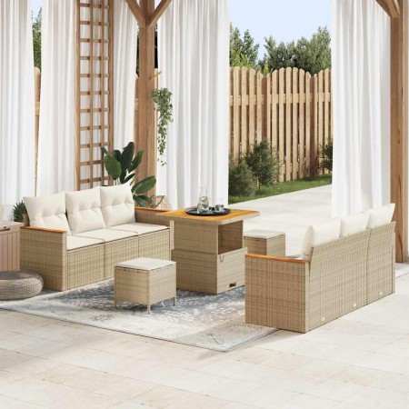 Conjunto de sofá de jardín con cojín 9 pcs Beige Poliratán