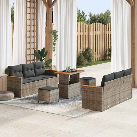 Conjunto de sofá de jardín con cojín 9 pcs Gris Poliratán