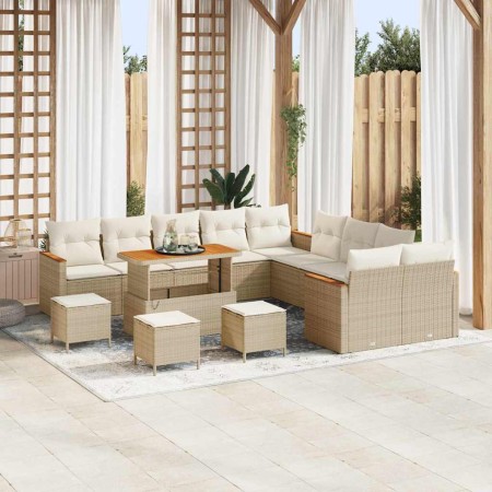 Conjunto de sofá de jardín con cojín 14 pcs Beige Poliratán