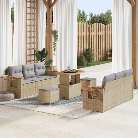 Conjunto de sofá de jardín con cojín 9 pcs Beige Poliratán