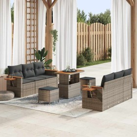 Conjunto de sofá de jardín con cojín 9 pcs Gris Poliratán Conjunto de sofá de jardín con cojín 9 pcs Gris Poliratán