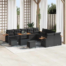 Conjunto de sofá de jardín con cojín 13 pcs Negro Poliratán
