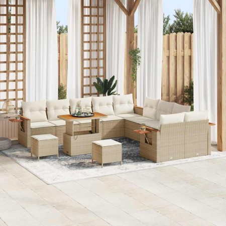 Conjunto de sofá de jardín con cojín 13 pcs Beige Poliratán