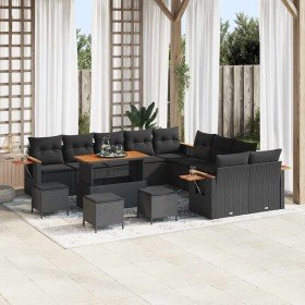 Conjunto de sofá de jardín con cojín 14 pcs Negro Poliratán