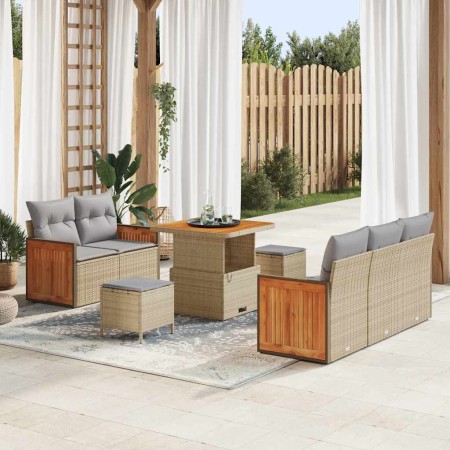 Conjunto de sofá de jardín con cojín 8 pcs Beige Poliratán