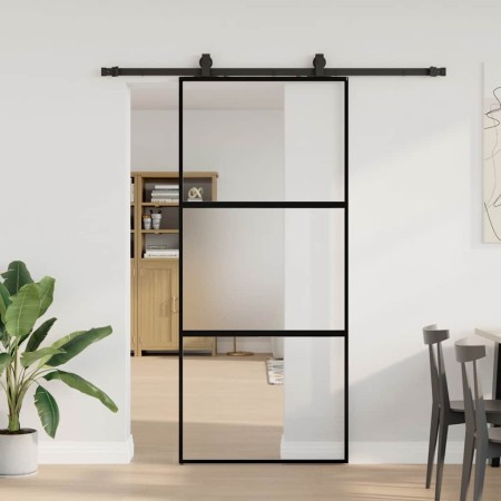 Puerta corredera con herrajes negro 90x205 cm vidrio templado