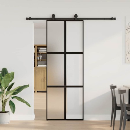 Puerta corredera con herrajes negro 76x205 cm vidrio templado