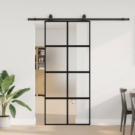 Puerta corredera con herrajes negro 90x205 cm vidrio templado